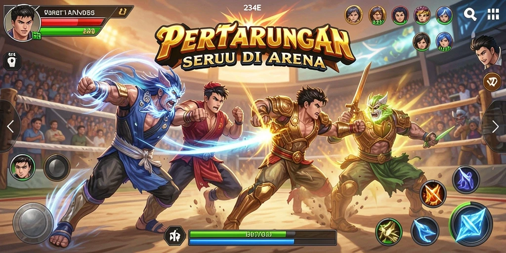Tampilan gameplay pertarungan seru di 234E, memperlihatkan aksi dinamis dan karakter unik.