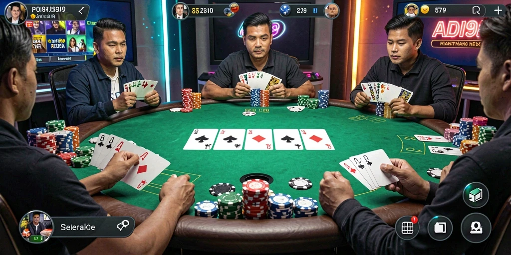 Tampilan gameplay ADI99 yang menampilkan suasana poker yang mendebarkan.