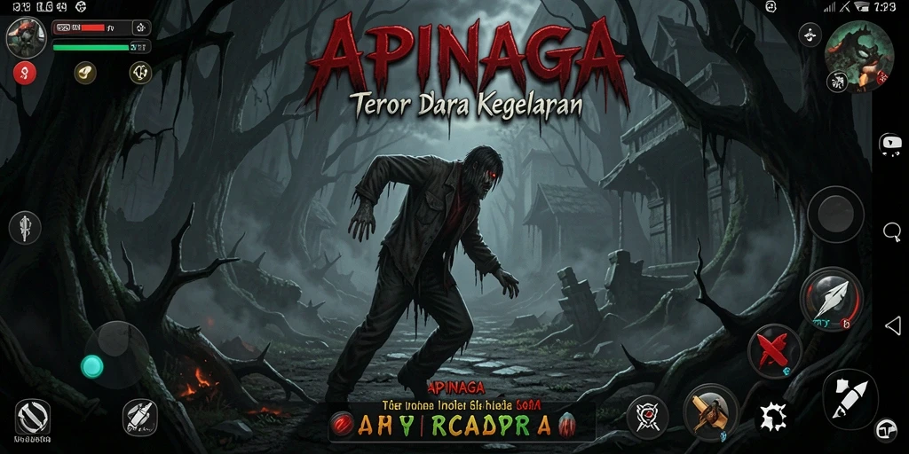 Screenshot gameplay APINAGA menampilkan suasana Horror yang mencekam.