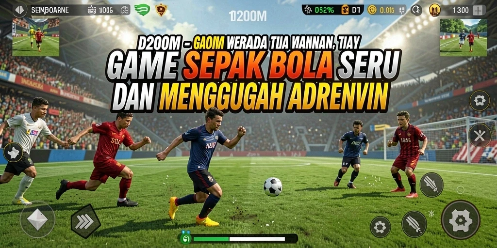 Screenshot gameplay D200M yang menunjukkan aksi seru sepak bola.