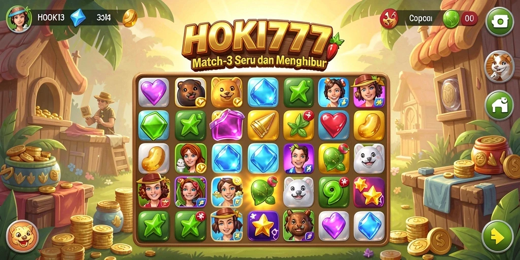 Screenshot gameplay HOKI777 yang menunjukkan aksi mencocokkan permata.